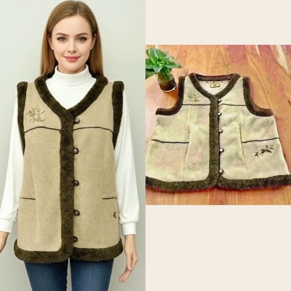 Vintage Oversized Nature Tone Beige Fleece Button Down Vest with Faux Fur
